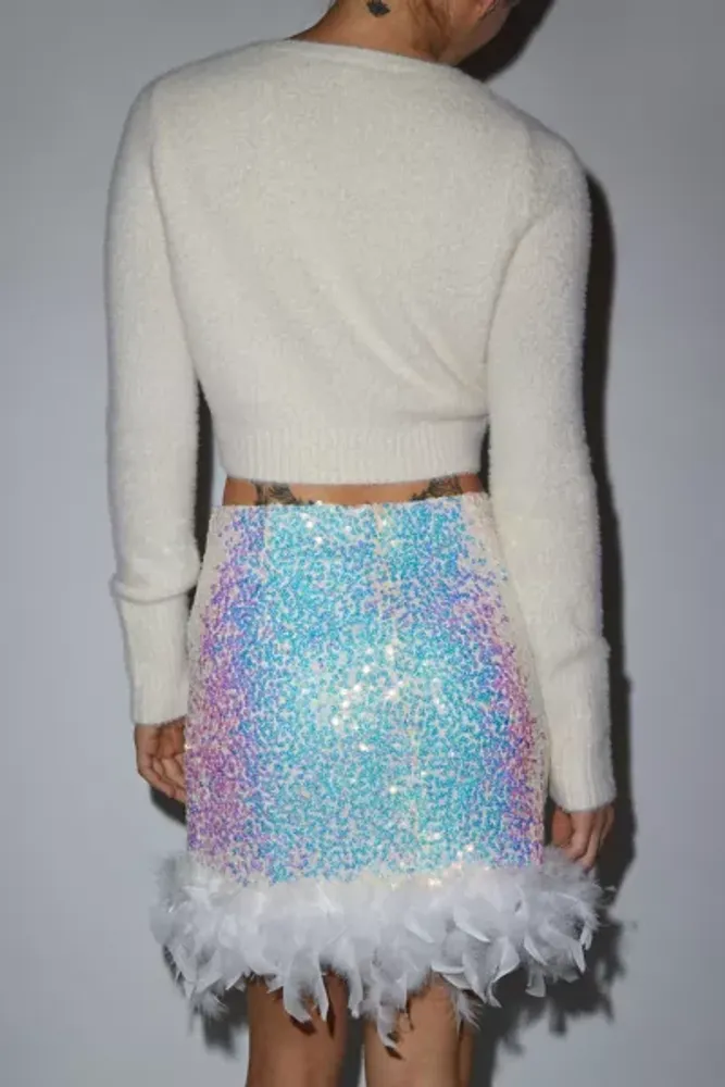 Glamorous Iridescent Sequin Feather Trim Mini Skirt