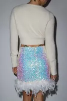 Glamorous Iridescent Sequin Feather Trim Mini Skirt