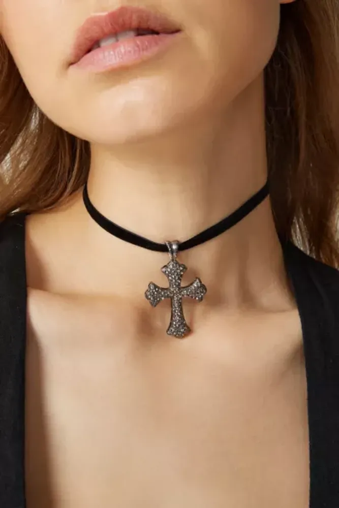 Hematite necklace with rhinestone cross - Catholic religious jewellery