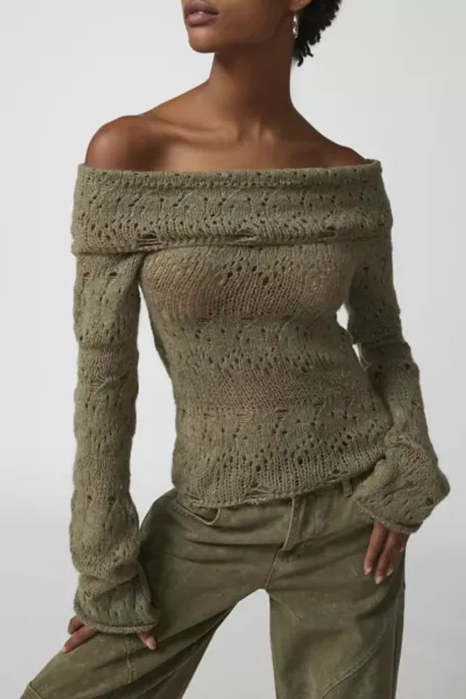 UO Distressed Off-The-Shoulder Sweater