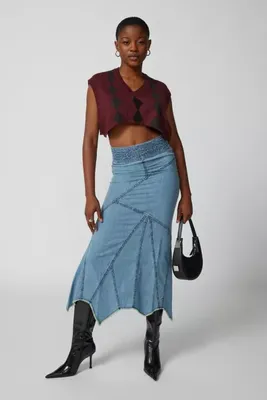 UO Evie Seamed Denim Midi Skirt
