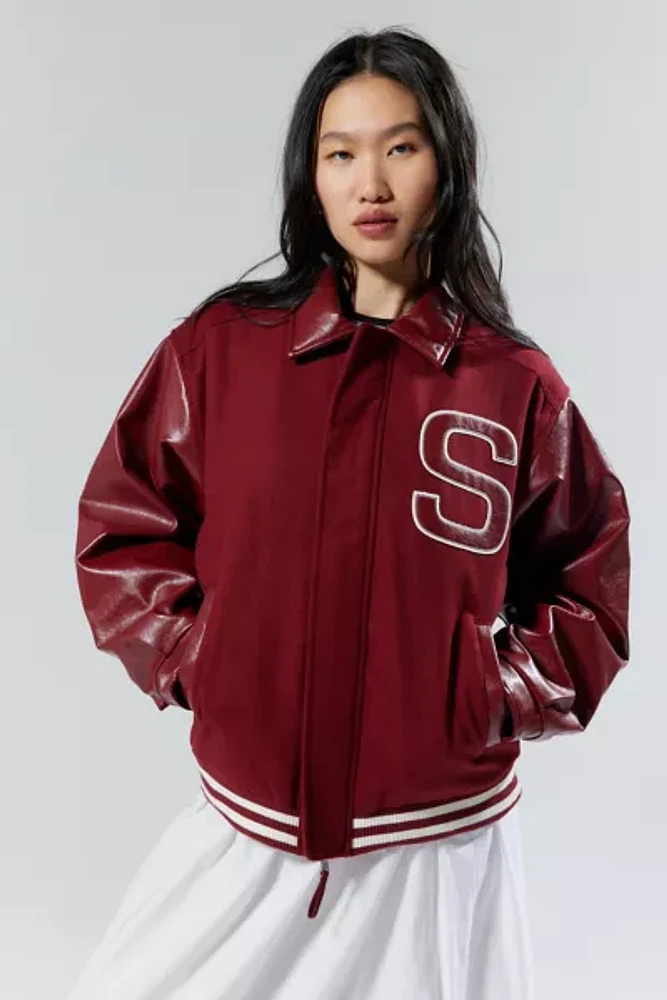 House Of Sunny Free Falling Faux Leather Varsity Jacket