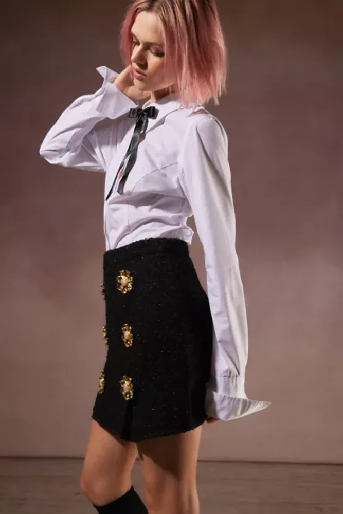 Sister Jane Zoya Tweed Flower-Button Mini Skirt