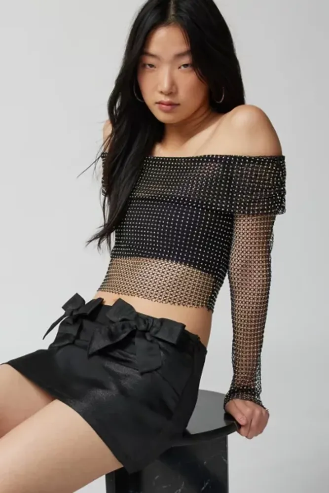 UO Diana Diamante Fishnet Off-The-Shoulder Top