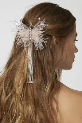 Feather & Rhinestone Butterfly Claw Clip