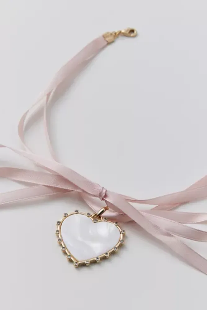 Rhinestone Heart Ribbon Necklace