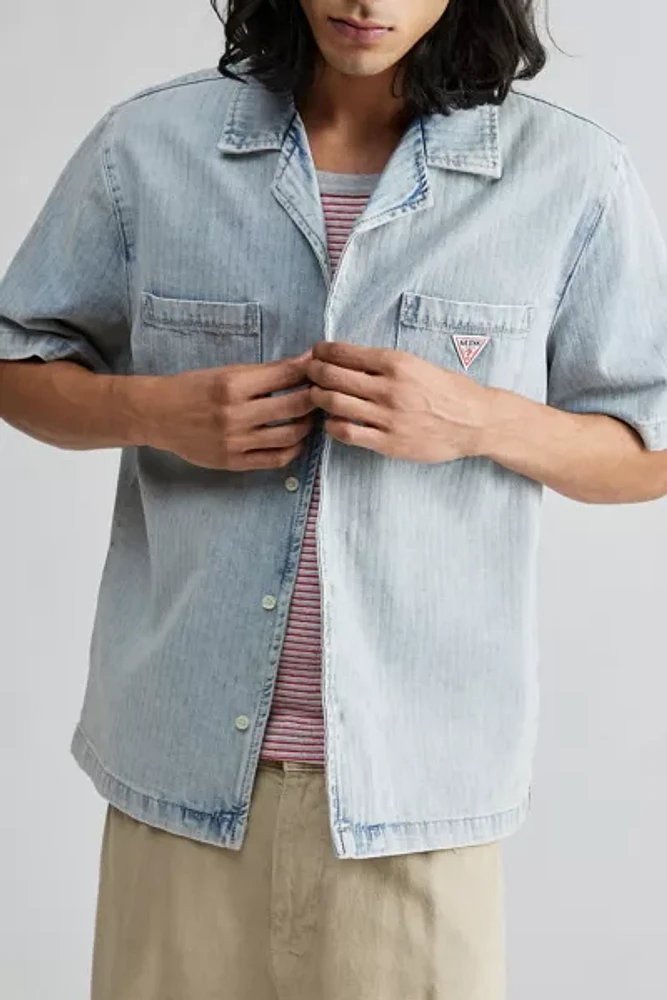 GUESS ORIGINALS Herringbone Denim Short Sleeve Button-Down Shirt