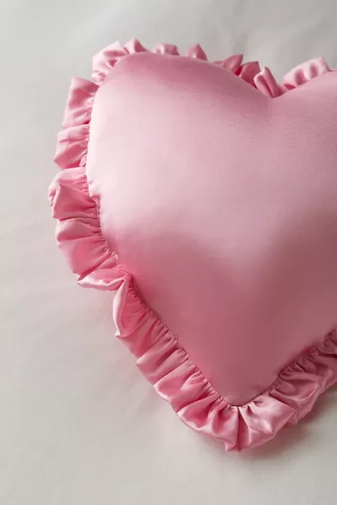 Silky Satin Heart Ruffle Throw Pillow