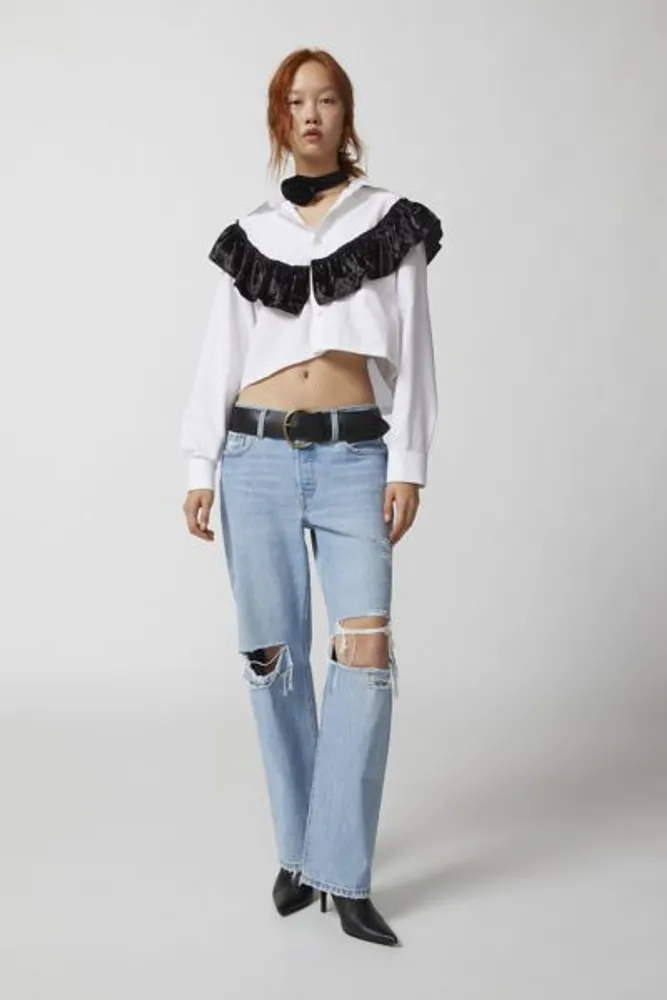 Urban Renewal Remade Cropped Velvet Ruffle Button-Down Shirt
