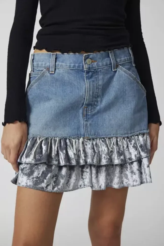 Urban Renewal Parties Remade Velvet Trim Denim Mini Skirt