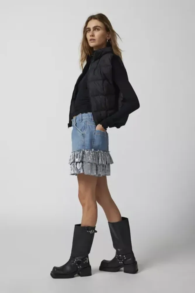 Urban Renewal Parties Remade Velvet Trim Denim Mini Skirt