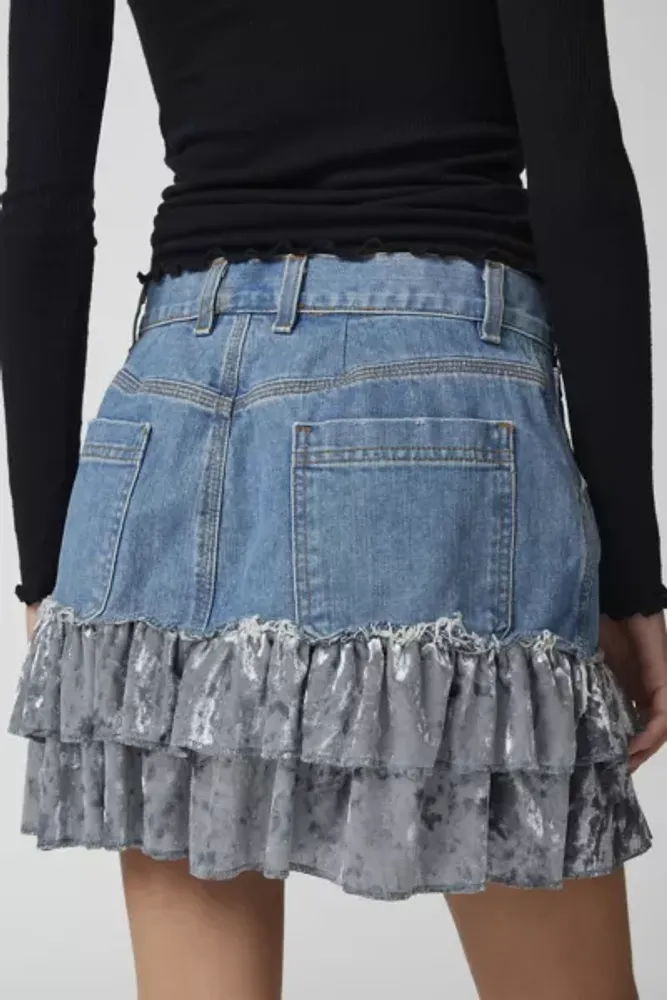 Urban Renewal Parties Remade Velvet Trim Denim Mini Skirt