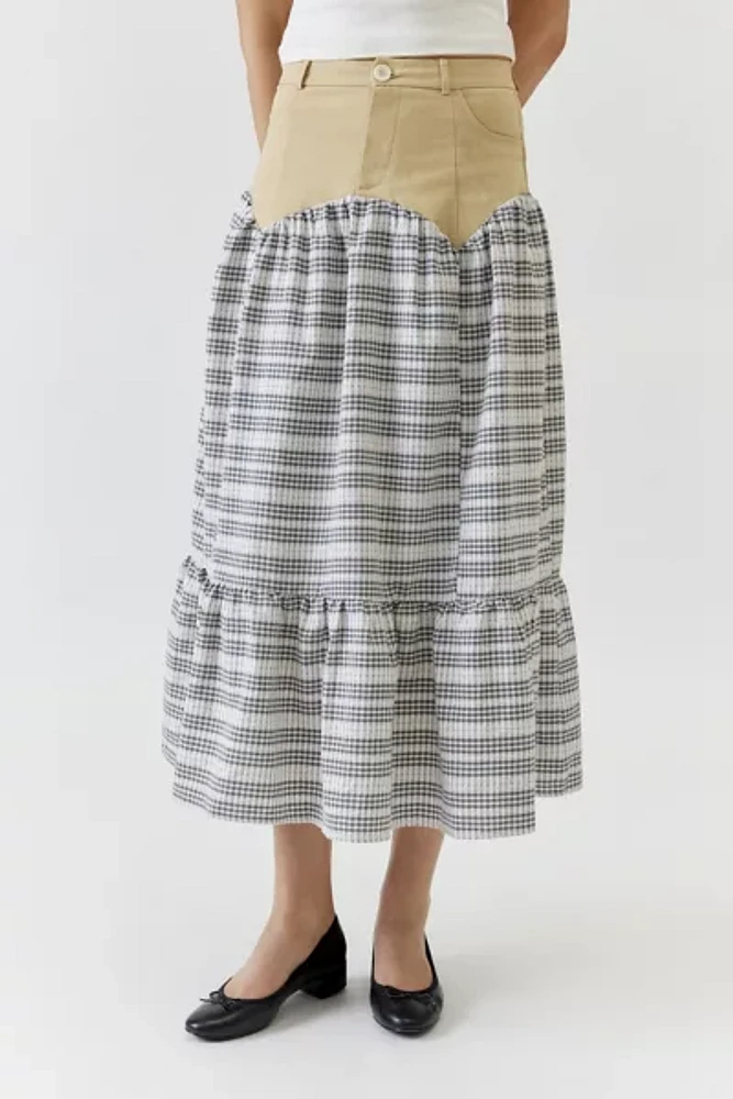 Daisy Street Spliced Checkered Frill Maxi Skirt