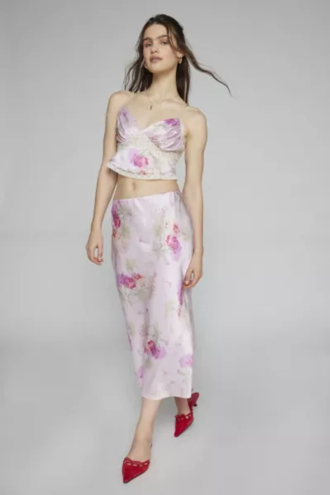 Love Shack Fancy Castle Floral Satin Midi Skirt