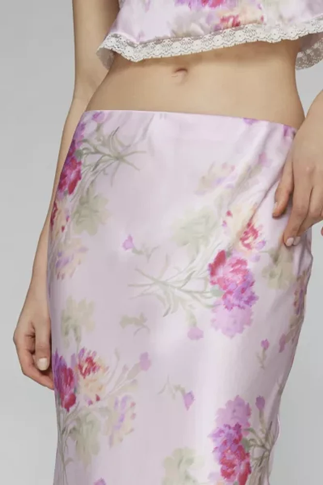 Love Shack Fancy Castle Floral Satin Midi Skirt