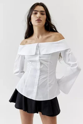 Oval Square Rosy Off-The-Shoulder Button-Down Top