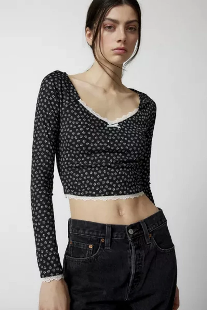 Urban Renewal Remnants Floral Print Lace Trim Top