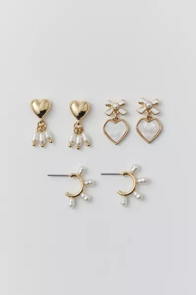 Pearl Bow Heart Delicate Earring Set