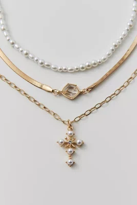 Delicate Pearl Cross Layering Necklace Set