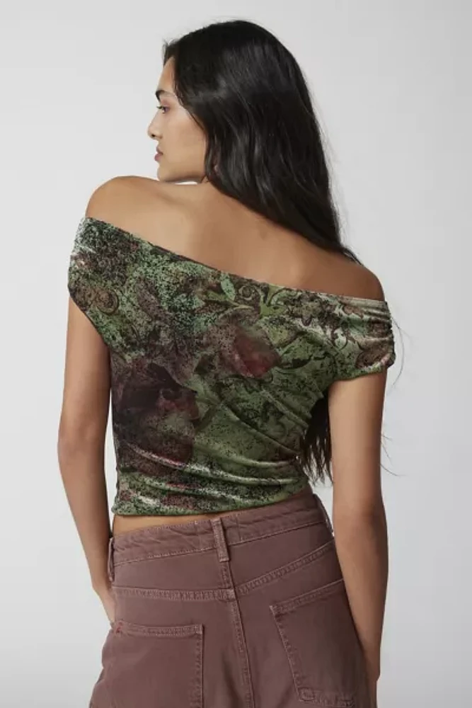 Urban Renewal Remnants Printed Velvet Off-The-Shoulder Top