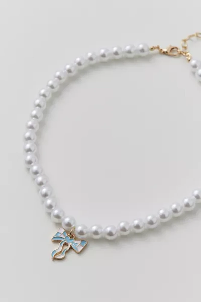 Enameled Bow Charm Pearl Necklace