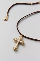 Etched Cross Corded Wrap Necklace