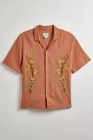 BDG Peaches Cross Stitch Linen Short Sleeve Button-Down Shirt