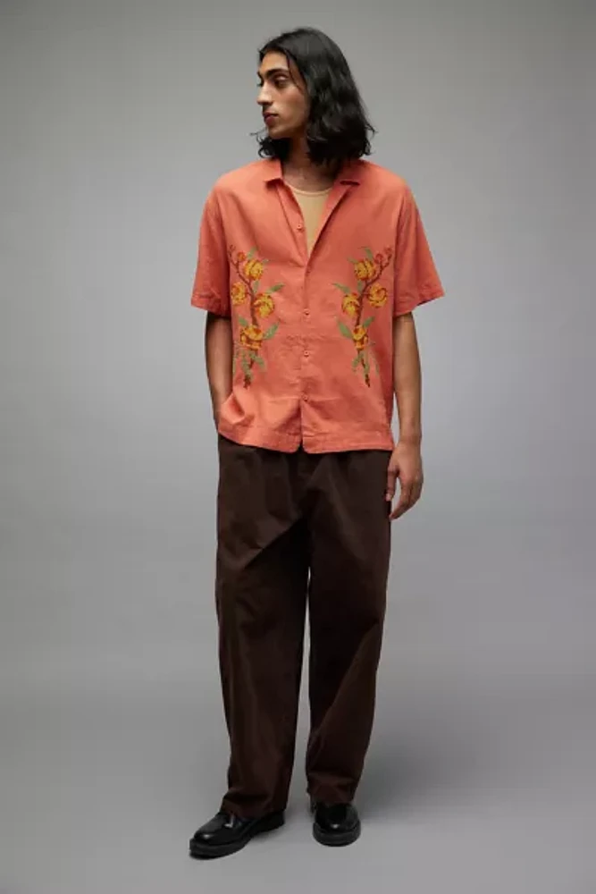 BDG Peaches Cross Stitch Linen Short Sleeve Button-Down Shirt