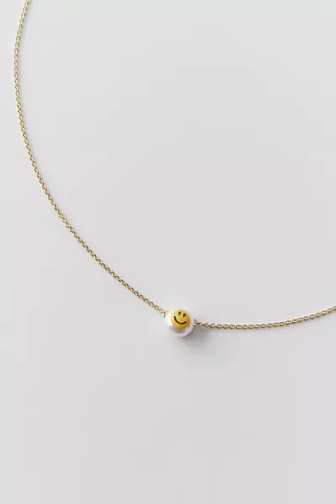 Delicate Pearl Happy Face Charm Necklace