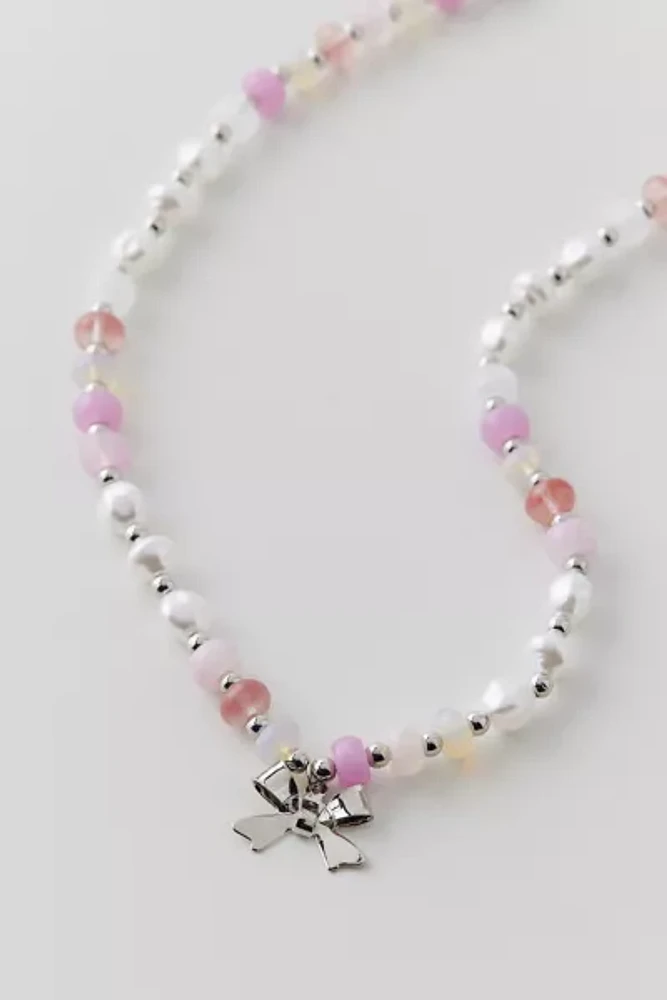 Pearl Beaded Bow Charm Necklace