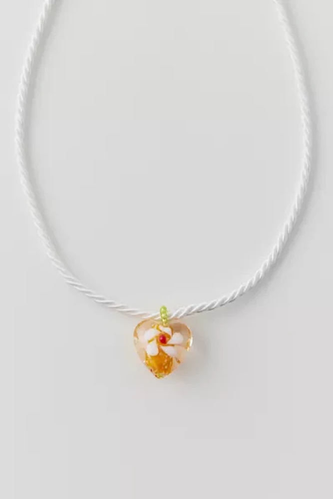 Glass Floral Heart Corded Necklace