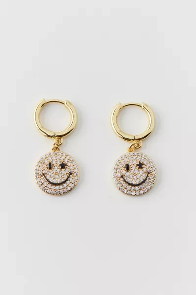 Iced Happy Face Charm Hoop Earring