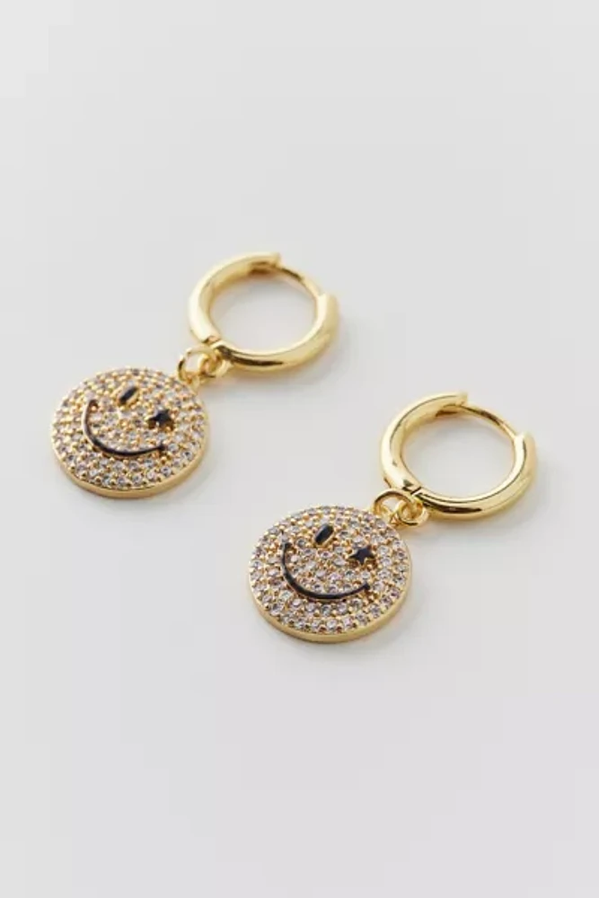 Iced Happy Face Charm Hoop Earring