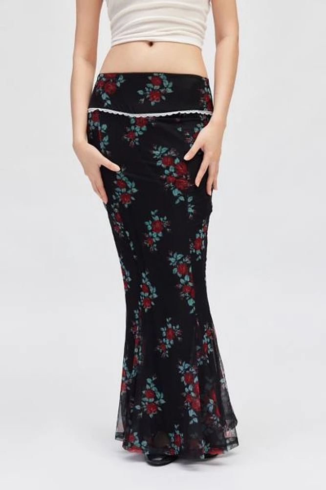 Daisy Street Floral Mesh Maxi Skirt