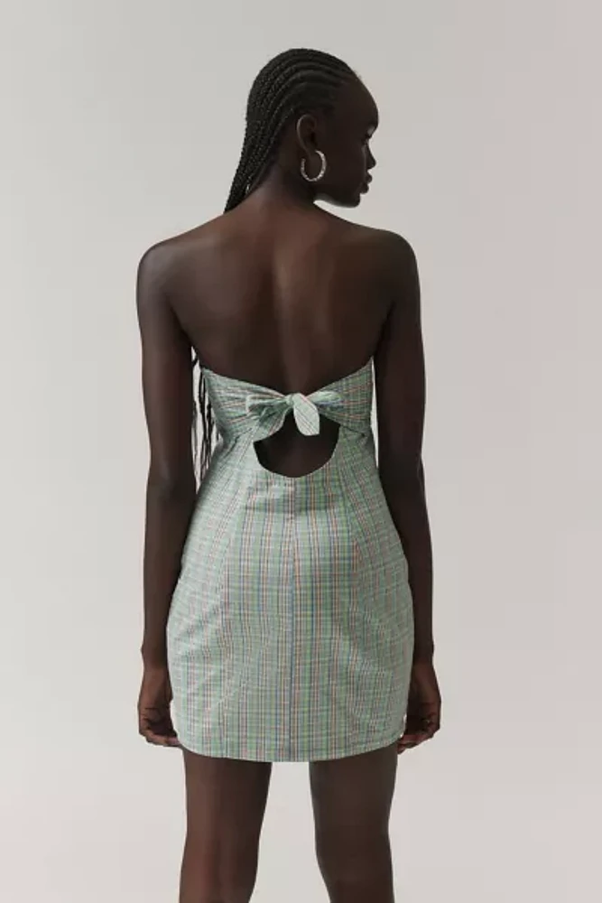 BDG Plaid Bow-Back Strapless Mini Dress