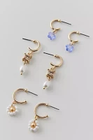 Flower And Pearl Charm Mini Hoop Earring Set