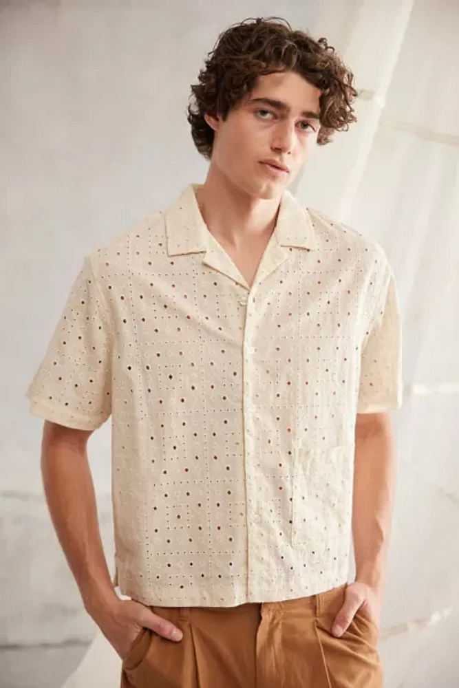 Standard Cloth Eyelet Pattern Short Sleeve Button-Down Cabana Shirt