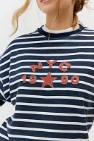 NYC 1990 Applique Graphic Striped Crew Neck Sweatshirt