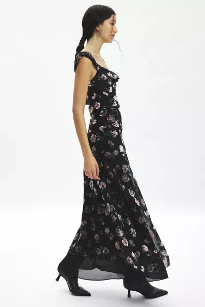 For Love & Lemons Aigrette Floral Velvet Burnout Maxi Dress