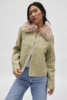 Kimchi Blue Mikey Faux Fur Trim Checked Jacket