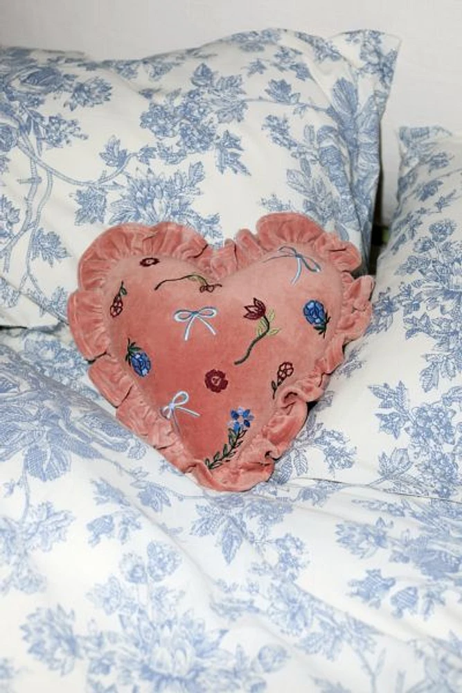 Embroidered Ruffle Heart Velvet Throw Pillow