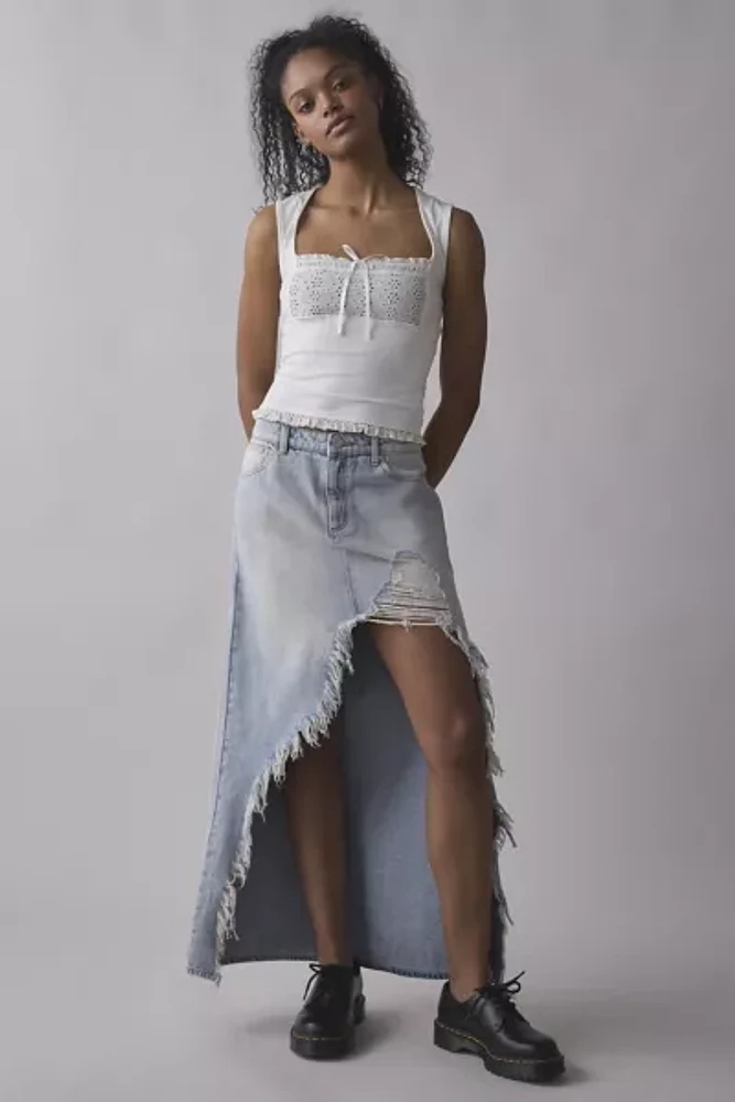 Abrand 95 Cater Destructed High-Low Denim Maxi Skirt