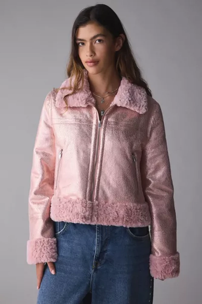 Unreal Fur Métallique Faux Trim Aviator Jacket