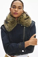 True Religion Faux Fur Trim Denim Moto Jacket