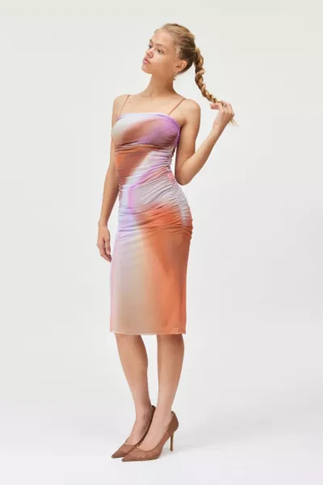 AFRM Miranda Illusion Semi-Sheer Mesh Shirred Bodycon Midi Dress