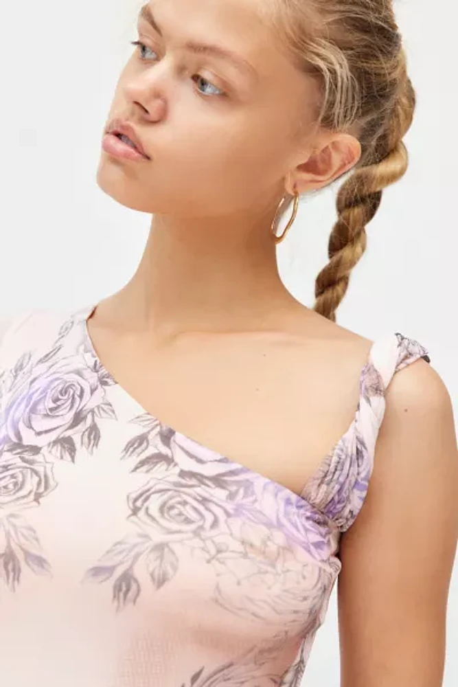 AFRM Charo Semi-Sheer Mesh Twisted Strap Asymmetric Midi Dress