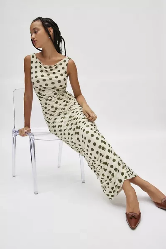 AFRM Alisa Polka Dot Print Boatneck Ruched Maxi Dress