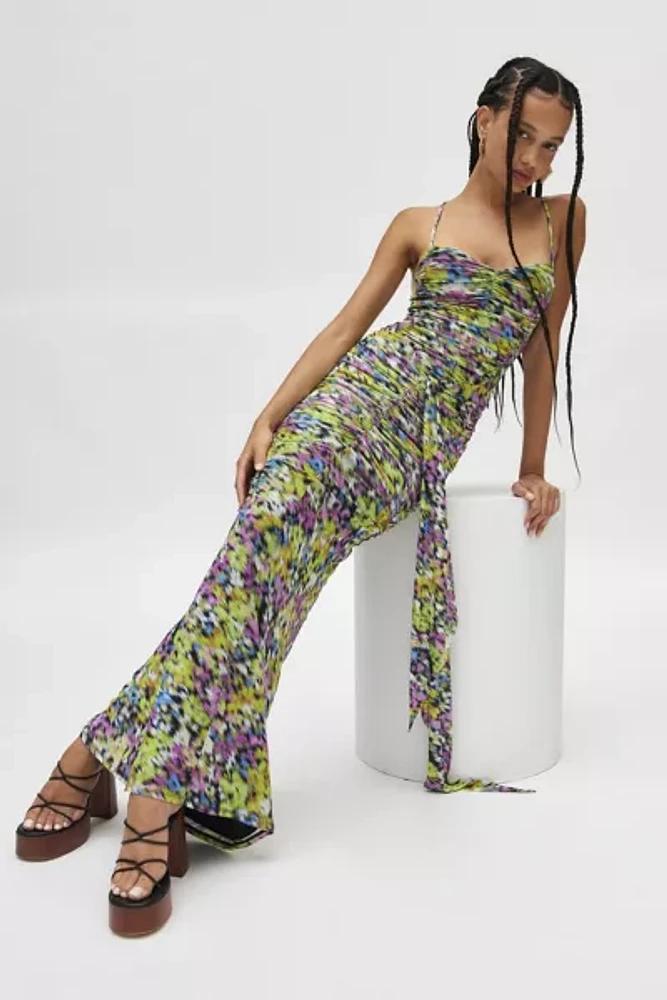 AFRM Azula Printed Mesh Ruched Front Maxi Dress