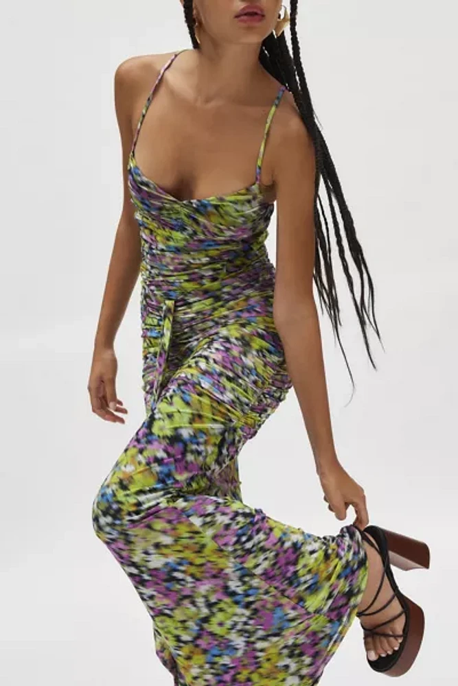 AFRM Azula Printed Mesh Ruched Front Maxi Dress