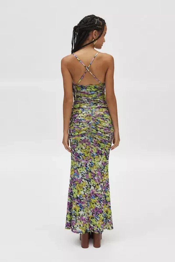 AFRM Azula Printed Mesh Ruched Front Maxi Dress